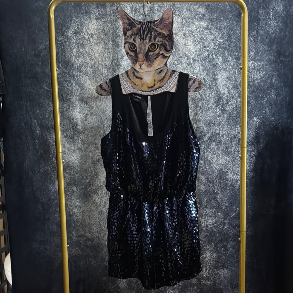 bebe Black Blue Rectangle Sequin Jumpsuit